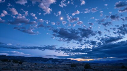 Naklejka premium Clouds reflect the light of the moon, casting a silvery glow upon the landscape below.