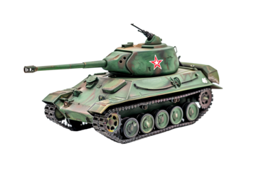 a green toy tank with a red star
