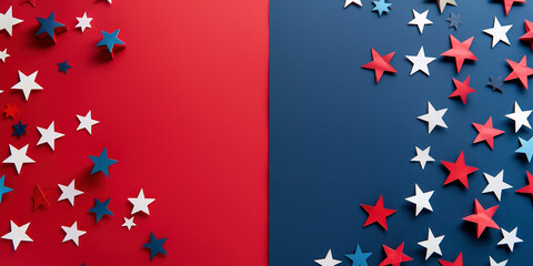 Red, White, And Blue Background With Stars For USA Holiday. Flat Lay Design With Aesthetic. Web Banner.
