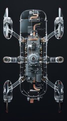 A transparent view of a small tactical drone, showcasing its intricate wiring and internal mechanisms