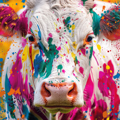 A close up of a cow's face with bright, colorful paint splatters in the background 
