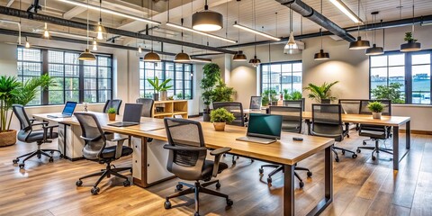 Modern Indian startup office with sleek desks, ergonomic chairs, and minimalist decor, showcasing a collaborative workspace with laptops and empty coffee cups.
