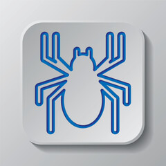 Spider simple icon. Flat design. Paper cut design. Cutted blue symbol with shadow. Gray badge button, gray background