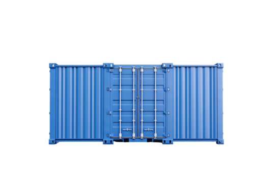 a blue shipping container with a door