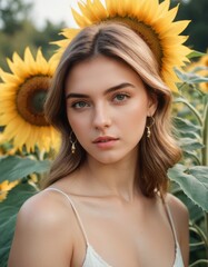 Girl portrait, background Sunflower