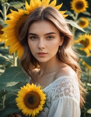 Girl portrait, background Sunflower