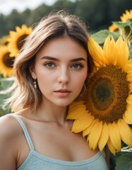 Girl portrait, background Sunflower