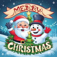 Merry Christmas (Illustration-typography) Santa Cluas, Rendier, Snowmen, Gifts. kids