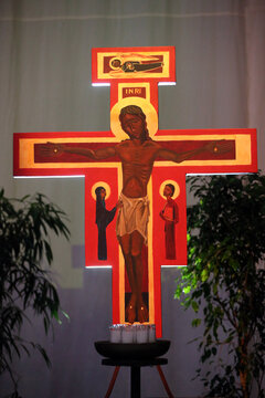 St Jakobshalle.  European Youth meeting of Taize in Basel.   Icon cross of Taize with Jesus.  Basel. Switzerland.  Switzerland.