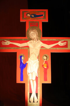 Elisabethenkirche.  European Youth meeting of Taize in Basel.  Icon cross of Taize with Jesus.  Basel. Switzerland.  Switzerland.