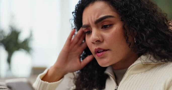 Home, stress and woman with smartphone, headache and scam with fake news website, mistake and shocked. Person, 404 error and girl with cellphone, online fraud and cybercrime with app and frustrated