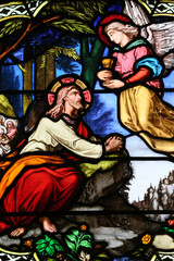 Fototapeta premium St Paul church. Stained glass window. Gethsemane. Jesus prays, meanwhile, the disciples remain.