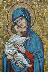 Mosaic of a Virgin and Child.