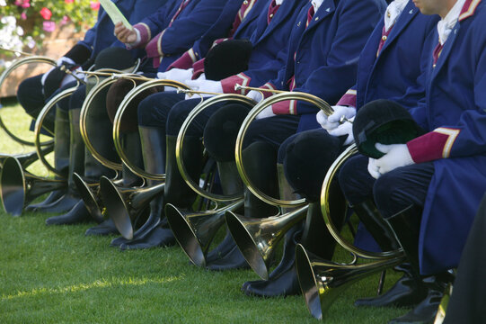 Mass of Saint Hubert in the open air. Hunting horns.