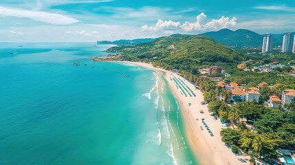 Aerial view of a beautiful white sand beach crowded with people and lots of umbrellas and chairs near the town. The sky is clear and cloudy