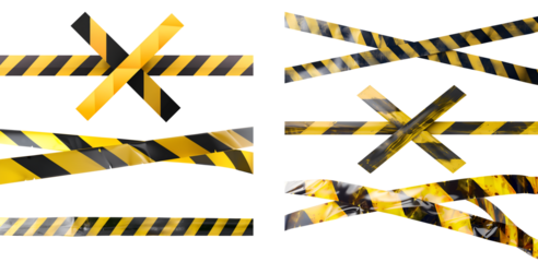 Set collection of Yellow and black barricade police danger tape, warning crime criminal safety construction caution stripe signs on transparent cutout PNG file. Mockup template for graphic design