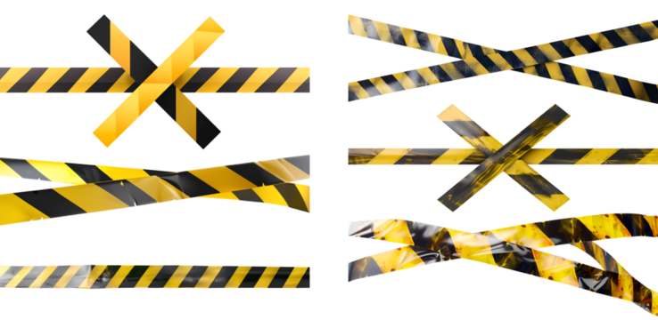 Set collection of Yellow and black barricade police danger tape, warning crime criminal safety construction caution stripe signs on transparent cutout PNG file. Mockup template for graphic design - Powered by Adobe