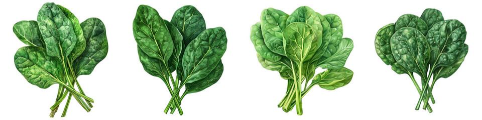 Fototapeta premium Fresh Spinach Watercolor Illustration Set - Isolated on White Background, PNG File