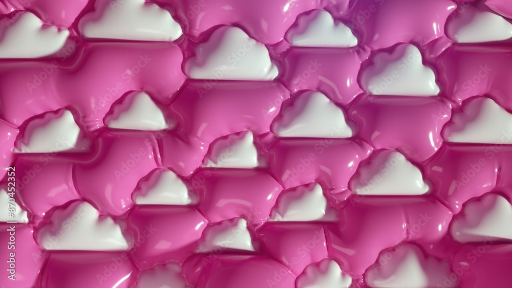 Wall mural A 3D animation of inflated, glossy, pink and white cloud shapes forming a pattern.