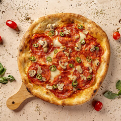 Freshly baked pizza with melted mozzarella