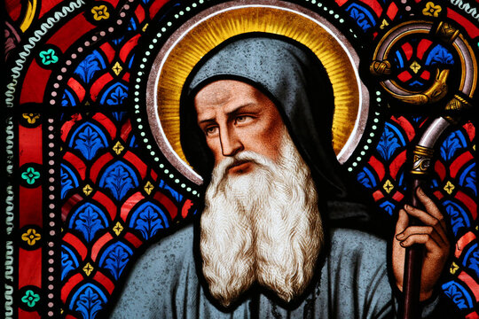 Sacred heart church. Stained glass window. Benedict of Nursia. St. Benedict is the patron saint of Europe and students. France.