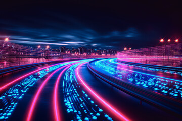 Futuristic cityscape with glowing skyscrapers and digital waves of blue and pink light