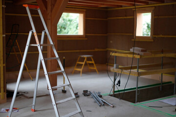 Wooden structure of house under construction. France.