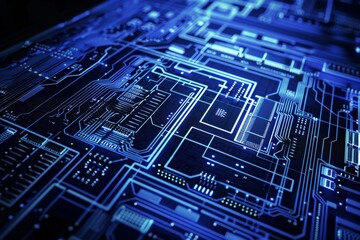 Blueprint close-up of a server blade, emphasizing individual processors, memory modules, and intricate circuit board traces