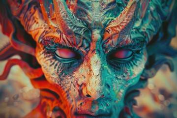 Psychedelic monster head with intricate mystical details.