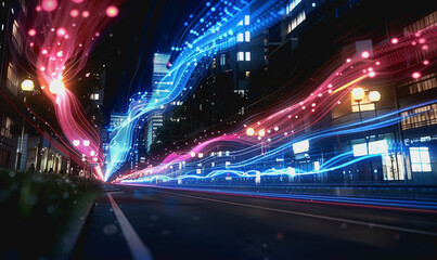 Obraz premium Futuristic cityscape with glowing skyscrapers and digital waves of blue and pink light
