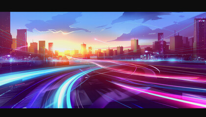 Futuristic cityscape with glowing skyscrapers and digital waves of blue and pink light