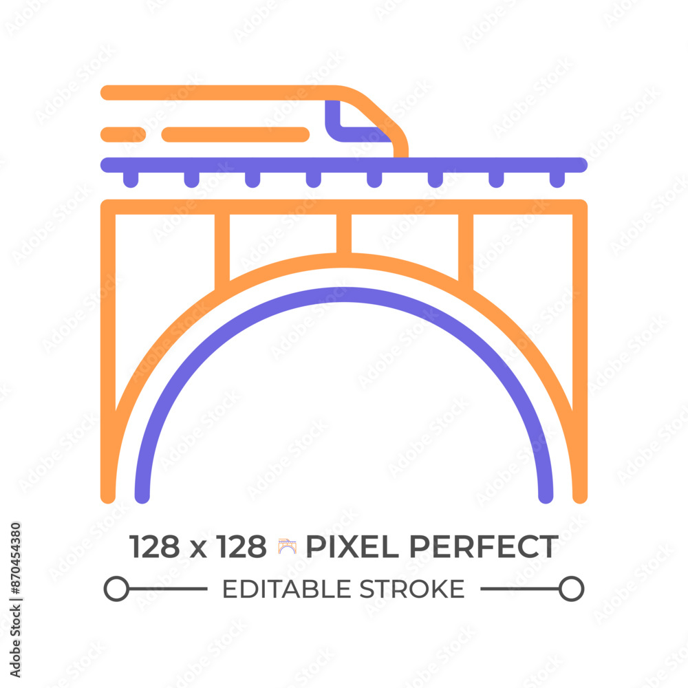 Poster Railway bridge two color line icon. Express train. Rail track. Urban infrastructure. Fast transport bicolor outline symbol. Duotone linear pictogram. Isolated illustration. Editable stroke