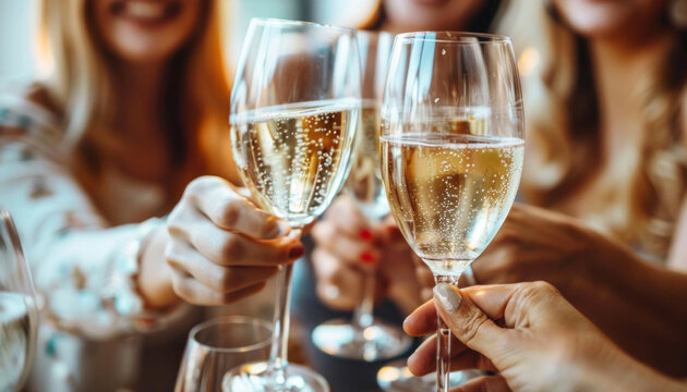 A group of women are celebrating with champagne glasses in hand at an event or party