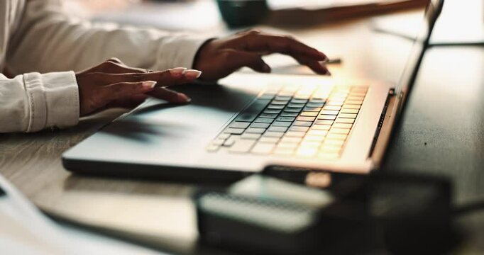 Woman, hands and typing on laptop in home office for planning, writing email and report for creative content or work. Girl, online and drafting or copywriting for information sharing and blog post.