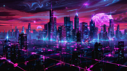 Obraz premium High-tech urban landscape with illuminated skyscrapers and neon digital waves at night