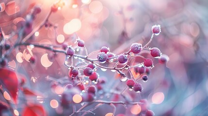 Branch of red berries covered in snow with soft, blurred winter sunlight in the background. The picture has a calm and peaceful atmosphere