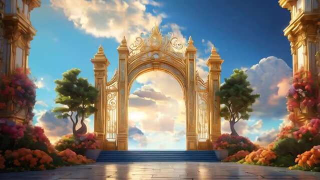 青い空に輝く天国の門 きらめく階段が続く映像