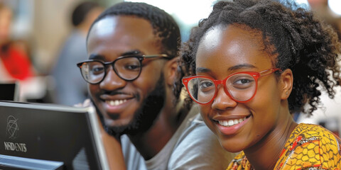 Obraz premium Working together on project. Two young business colleagues working on computer