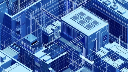 Isometric blueprint of a data center, showcasing multiple floors, server racks, and network pathways in three-dimensional perspective