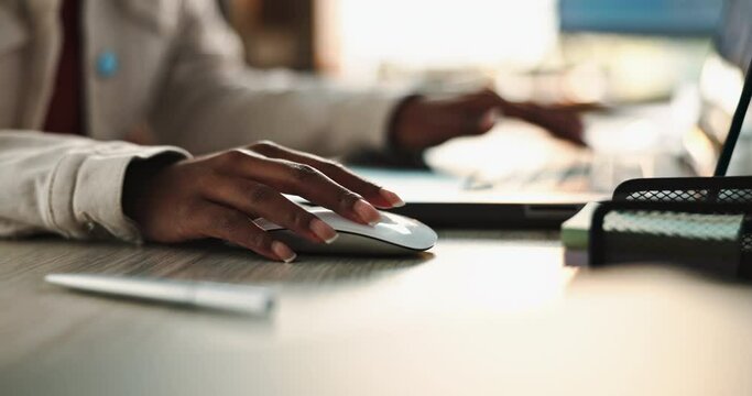 Typing, computer mouse and hands of business person at tech for information, networking and email. Technology, communication and keyboard with employee search for website, internet and social media