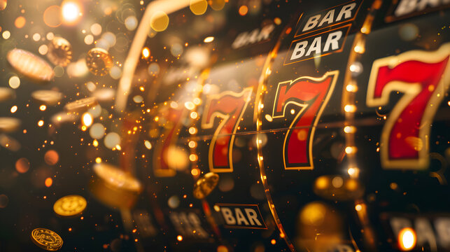 Close-up of a slot machine displaying a winning combination of triple sevens with coins and golden lights scattering in the background. Perfect for gambling, casino, and entertainment themes