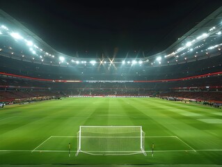 Fototapeta premium Floodlit Sports Stadium with Clear Grass Soccer Field at Night