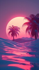 Obraz premium Enchanting Vaporwave Beach Sunset with Neon Palm Trees and Glowing Waves