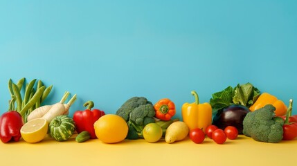 Several types of vegetable and fruit scattered lay on yellow kitchen counter top, against the blue background. Photo of front angle with copy space for adding text 