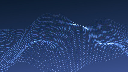 Wave of flowing particles on a dark background. Abstract backdrop with dynamic elements of waves and dots. Vector