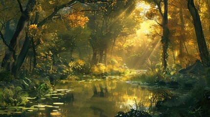 Fototapeta premium Morning Landscape Scene with Gentle Sunlight and Natural Beauty