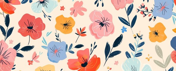 Floral seamless pattern with hand drawn flowers and leaves, with a red, orange and blue color palette