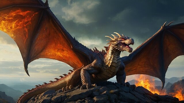 Majestic fire beathing dragon with huge wings sitting on the pile of rocks stones boulders. Mythical monster creature fantasy illustration concept wallpaper.