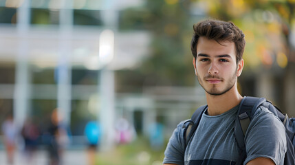 Fototapeta premium A confident young man with a backpack stands outdoors in an urban setting, looking at the camera. Ideal for themes of education, modern lifestyle, and youthful energy.