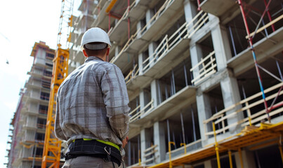Engineer standing and supervising construction work The background is a building under construction